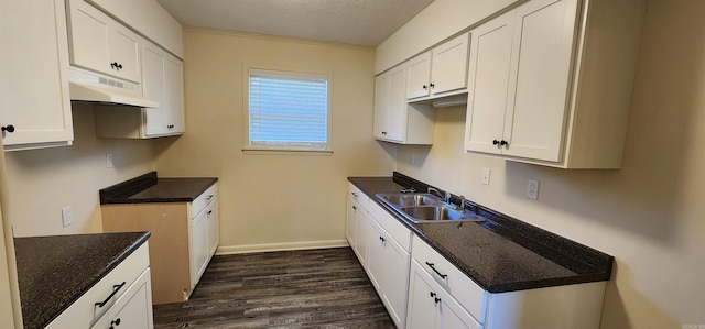 kitchen with a sink, baseboards, white cabinets, dark wood-style floors, and under cabinet range hood