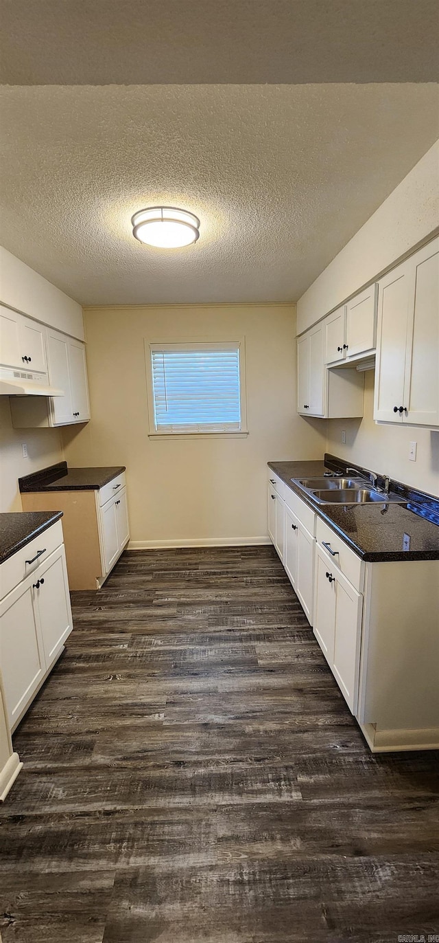 kitchen featuring white cabinets, a sink, a textured ceiling, dark wood finished floors, and under cabinet range hood