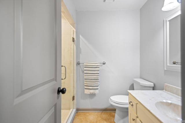 full bath with vanity, visible vents, toilet, baseboards, and a shower stall