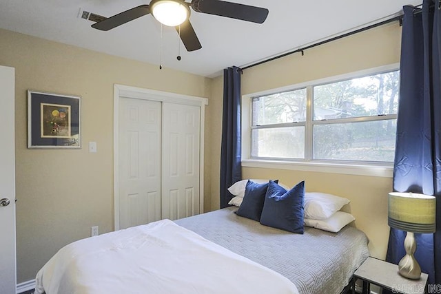 bedroom featuring a closet, ceiling fan, and visible vents