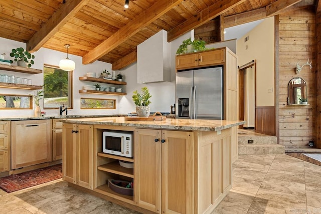 kitchen featuring open shelves, an island with sink, white microwave, wooden ceiling, and stainless steel fridge with ice dispenser