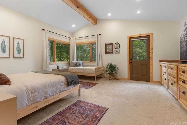 bedroom with light colored carpet, lofted ceiling with beams, recessed lighting, and multiple windows