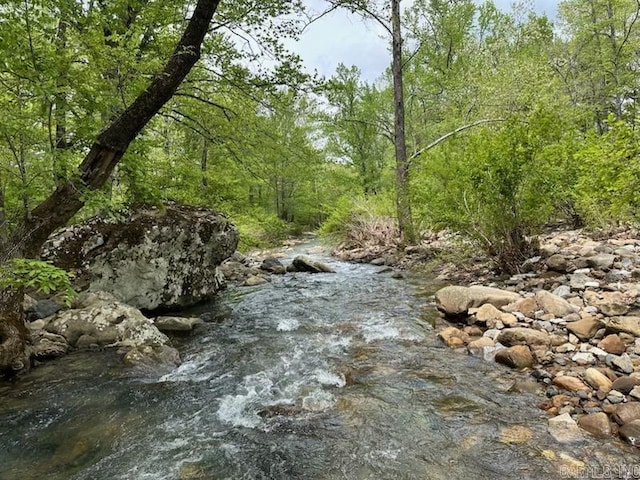 view of landscape featuring a forest view
