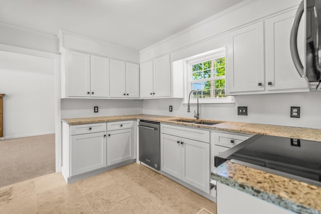 2300 Old Forge Dr, Little Rock, AR 72227 - kitchen with a sink, ornamental molding, stainless steel dishwasher, and white cabinetry