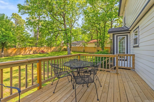 2300 Old Forge Dr, Little Rock, AR 72227 - wooden deck featuring outdoor dining area, a fenced backyard, and a yard