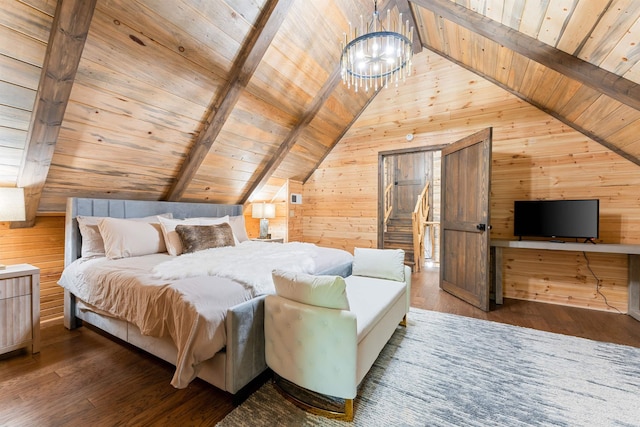 bedroom featuring wood walls, lofted ceiling with beams, a chandelier, and wooden ceiling