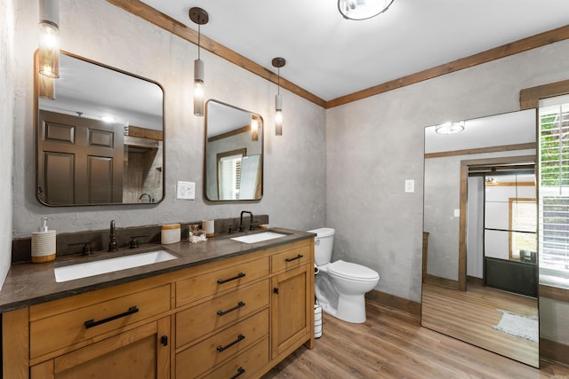 full bathroom featuring double vanity, toilet, a sink, and wood finished floors