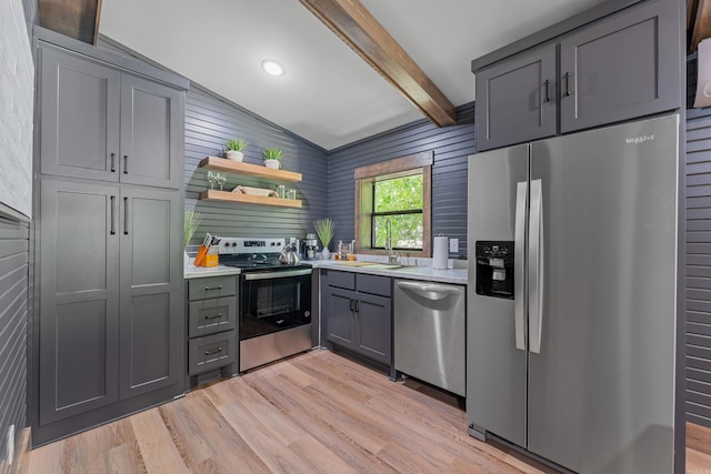 kitchen featuring open shelves, light wood-style floors, gray cabinets, a sink, and stainless steel appliances