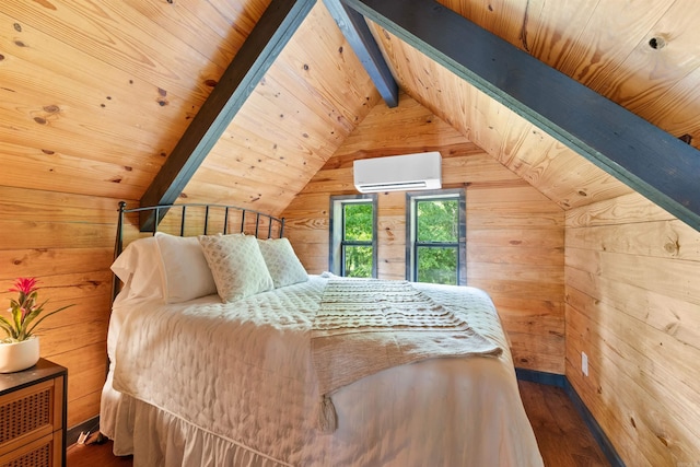 bedroom with a wall mounted AC, wood finished floors, wooden ceiling, lofted ceiling with beams, and wooden walls