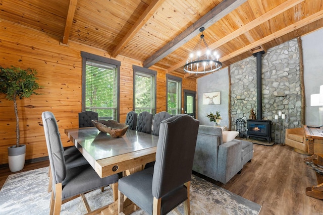 dining area featuring a notable chandelier, a wood stove, wood walls, wood finished floors, and wood ceiling
