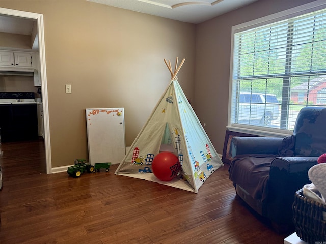 recreation room featuring a healthy amount of sunlight, baseboards, and wood finished floors