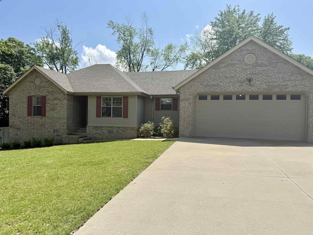 single story home featuring brick siding, an attached garage, a front yard, and concrete driveway