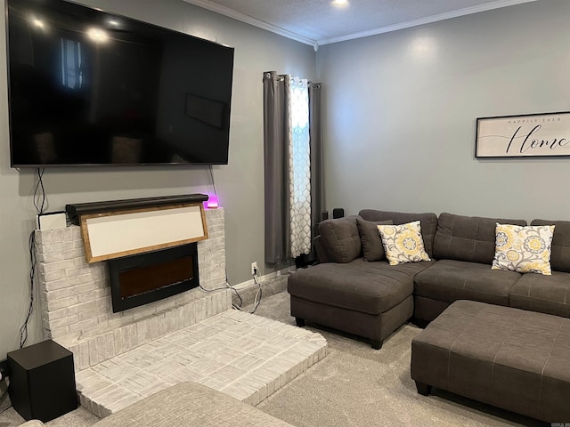carpeted living room featuring recessed lighting, ornamental molding, and a brick fireplace