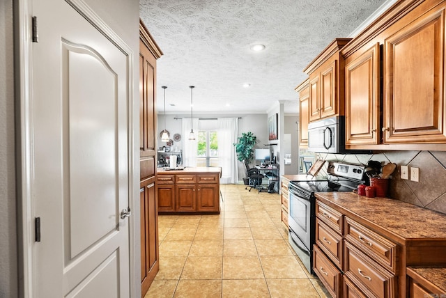 kitchen with crown molding, tasteful backsplash, brown cabinets, light tile patterned floors, and stainless steel appliances