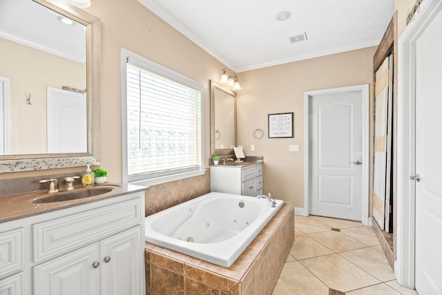 full bath with visible vents, ornamental molding, a sink, and two vanities