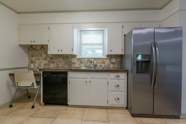 kitchen with decorative backsplash, black dishwasher, white cabinetry, stainless steel fridge with ice dispenser, and a sink