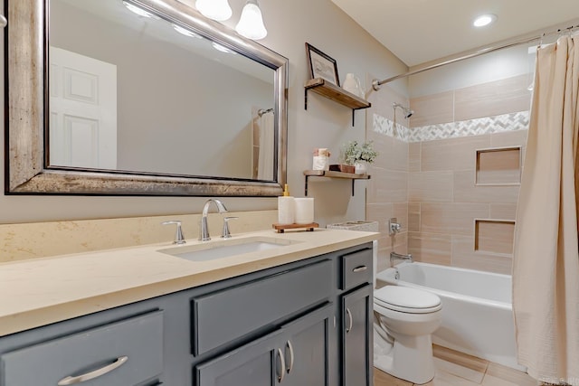1321 W Front St, Heber Springs, AR 72543 - bathroom with tile patterned flooring, vanity, toilet, shower / bath combo with shower curtain, and recessed lighting