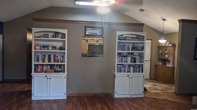 2 Kristin Lynn Dr, Arkadelphia, AR 71923 - interior space with ceiling fan, dark wood-style flooring, visible vents, baseboards, and lofted ceiling