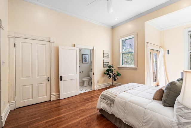 1509 S Spring, Little Rock, AR 72202 - bedroom featuring ceiling fan, crown molding, wood finished floors, baseboards, and connected bathroom