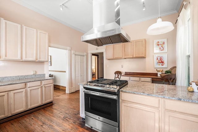 1509 S Spring, Little Rock, AR 72202 - kitchen featuring light brown cabinetry, track lighting, stainless steel range with gas cooktop, island range hood, and dark wood-style floors