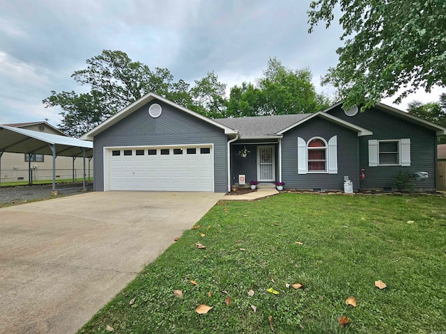 ranch-style home featuring concrete driveway, a front yard, and a garage