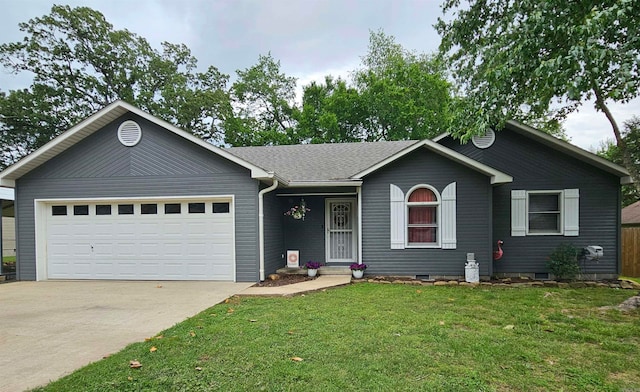 ranch-style house with an attached garage, a front lawn, and concrete driveway