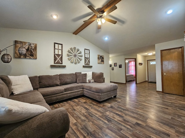 living room featuring recessed lighting, lofted ceiling with beams, a ceiling fan, and dark wood-style floors