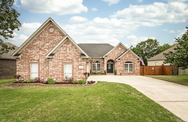 9241 Johnson Dr, Sherwood, AR 72120 - view of front facade with a front lawn, fence, roof with shingles, brick siding, and driveway