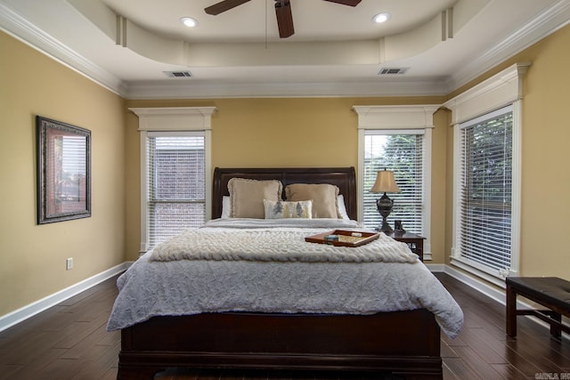 9241 Johnson Dr, Sherwood, AR 72120 - bedroom with baseboards, ornamental molding, a tray ceiling, and visible vents