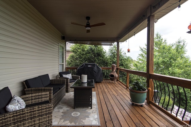 9241 Johnson Dr, Sherwood, AR 72120 - wooden deck featuring an outdoor hangout area, ceiling fan, and area for grilling