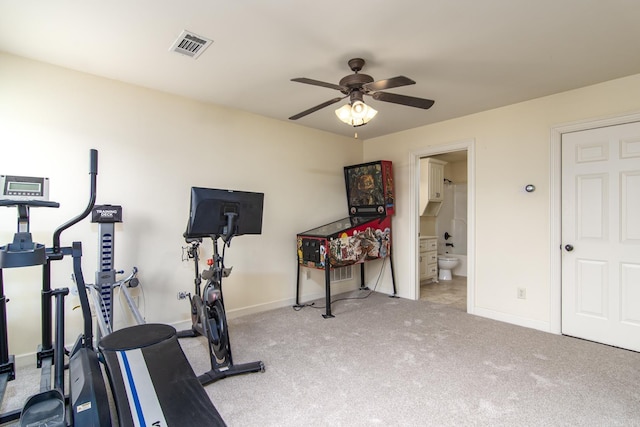 9241 Johnson Dr, Sherwood, AR 72120 - exercise room with a ceiling fan, baseboards, visible vents, and carpet