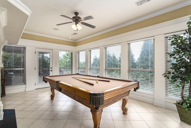 9241 Johnson Dr, Sherwood, AR 72120 - recreation room featuring crown molding, a ceiling fan, visible vents, and light tile patterned floors