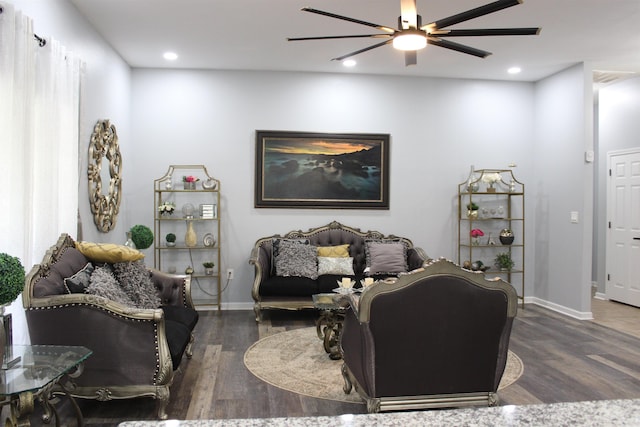 24076 Gracie Layne Ln, Bauxite, AR 72011 - living area featuring a ceiling fan, baseboards, recessed lighting, and wood finished floors