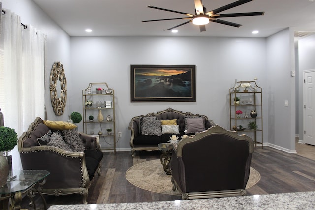 24076 Gracie Layne Ln, Bauxite, AR 72011 - living room featuring baseboards, recessed lighting, ceiling fan, and wood finished floors
