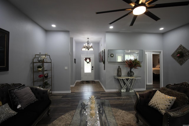 24076 Gracie Layne Ln, Bauxite, AR 72011 - entrance foyer featuring recessed lighting, baseboards, wood finished floors, and ceiling fan with notable chandelier