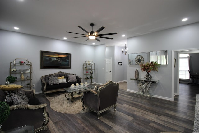 24076 Gracie Layne Ln, Bauxite, AR 72011 - living room featuring dark wood-style flooring, recessed lighting, and ceiling fan with notable chandelier