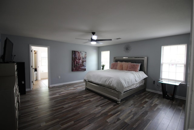 24076 Gracie Layne Ln, Bauxite, AR 72011 - bedroom with baseboards, a ceiling fan, dark wood-style flooring, and visible vents