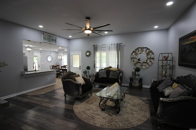 24076 Gracie Layne Ln, Bauxite, AR 72011 - living area with recessed lighting, baseboards, ceiling fan, and dark wood-style floors