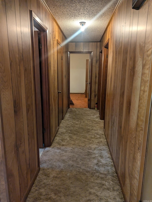 hall featuring wooden walls, carpet floors, and a textured ceiling