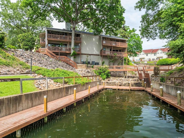 350 Peters Pt Unit L1, Hot Springs, AR 71913 - view of dock with fence, a water view, and stairway