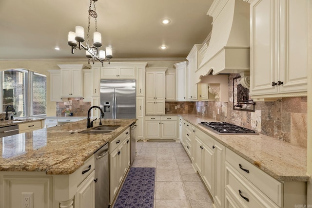 kitchen with backsplash, stainless steel appliances, a chandelier, and custom range hood