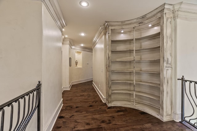 hall featuring recessed lighting, baseboards, dark wood-style floors, and ornamental molding