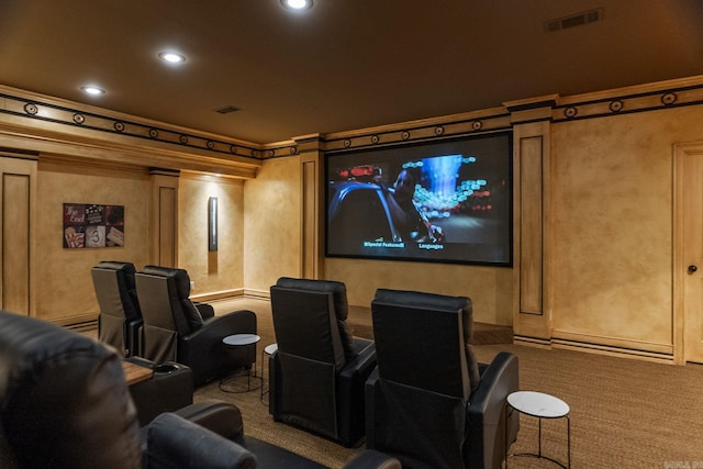 cinema room featuring carpet floors, recessed lighting, and visible vents