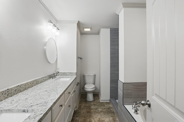 full bathroom featuring stone finish flooring, crown molding, vanity, a bathing tub, and toilet