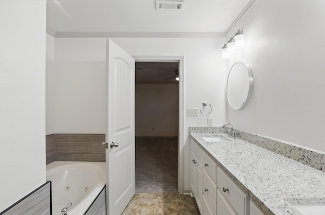 full bathroom with ceiling fan, visible vents, crown molding, a tub with jets, and vanity