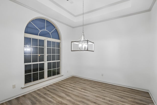 unfurnished dining area featuring a raised ceiling and wood finished floors