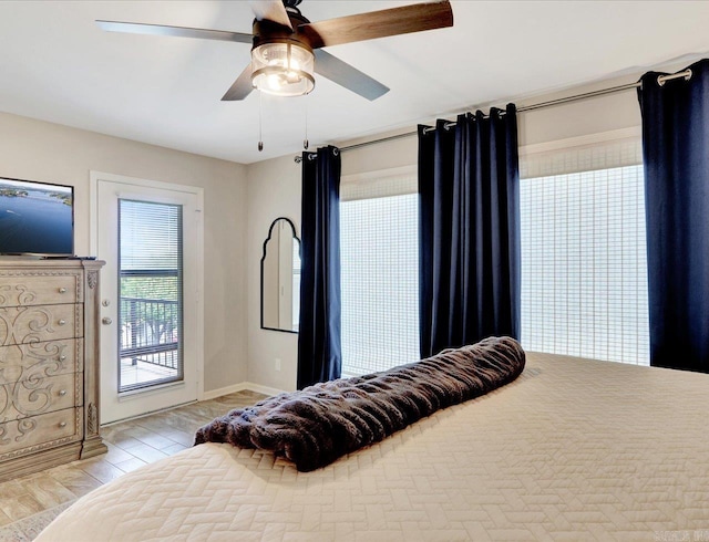 101 Long Island Dr Unit 1004, Hot Springs, AR 71913 - bedroom featuring a ceiling fan, baseboards, access to exterior, and light wood-style flooring