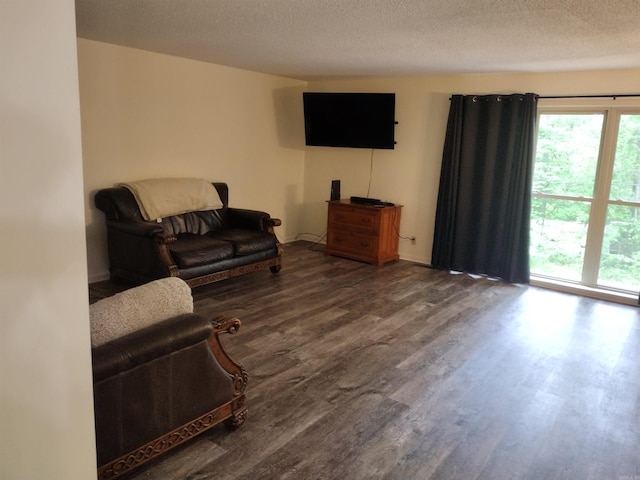 living area with a textured ceiling and wood finished floors