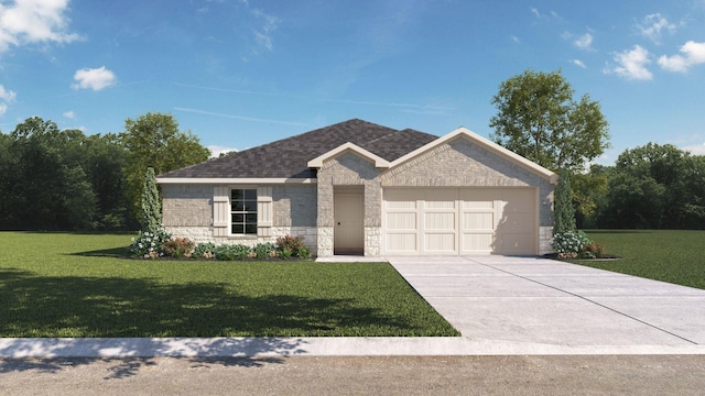 view of front of house featuring an attached garage, a front lawn, driveway, and stone siding