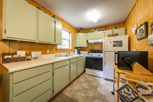 143 Hurricane Dr, Greers Ferry, AR 72067 - kitchen featuring wooden walls, electric range, a sink, under cabinet range hood, and green cabinets